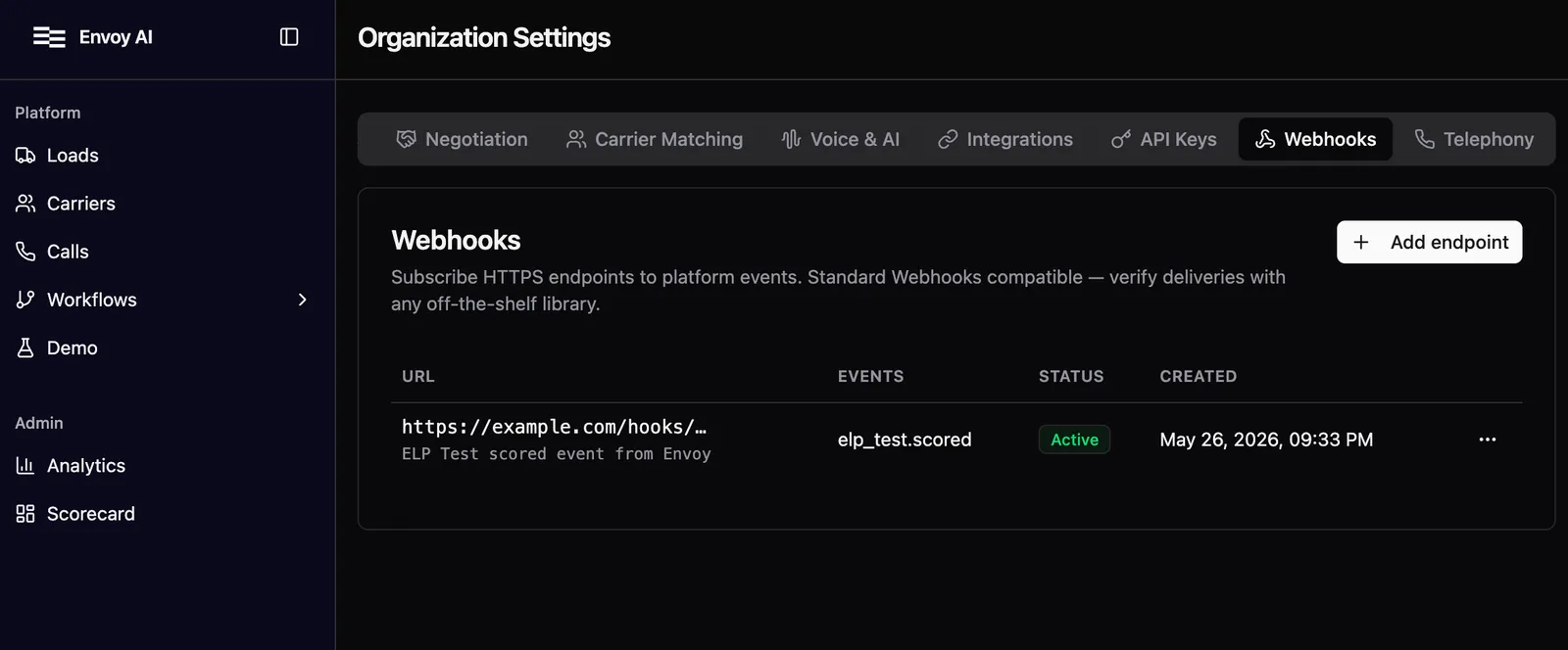 Organization → Webhooks panel showing a registered endpoint, its subscribed event types, status, and row actions