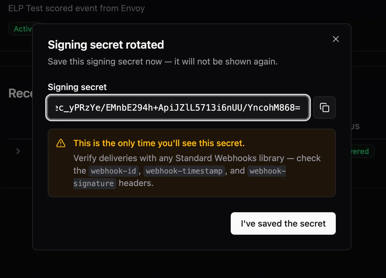 Rotate-secret modal showing the new whsec_… signing secret and the 24-hour grace window
