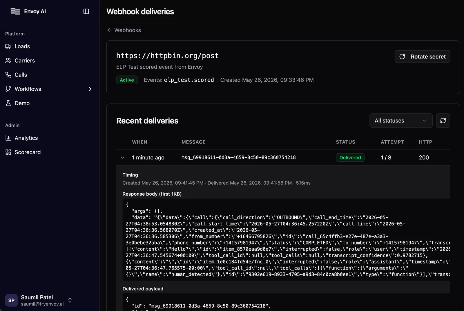 Webhook delivery log showing elp_test.scored deliveries. Same endpoint detail page covered in the Webhooks guide.